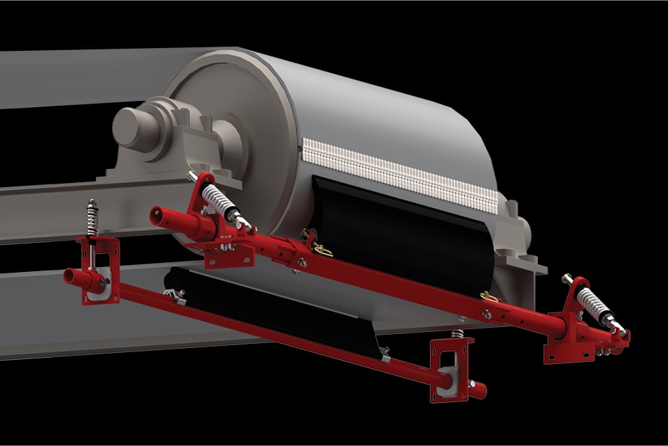 MATO conveyor belt cleaner system with red frame and tensioners for efficient material removal and maintenance